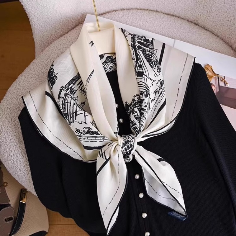 Women Bags White - Черно-белый шелковый платок с принтом, 90x90