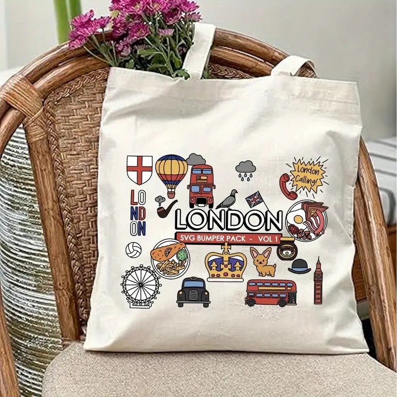 Women Bags In Uk - Лондонская холщовая сумка-тоут с графическим принтом